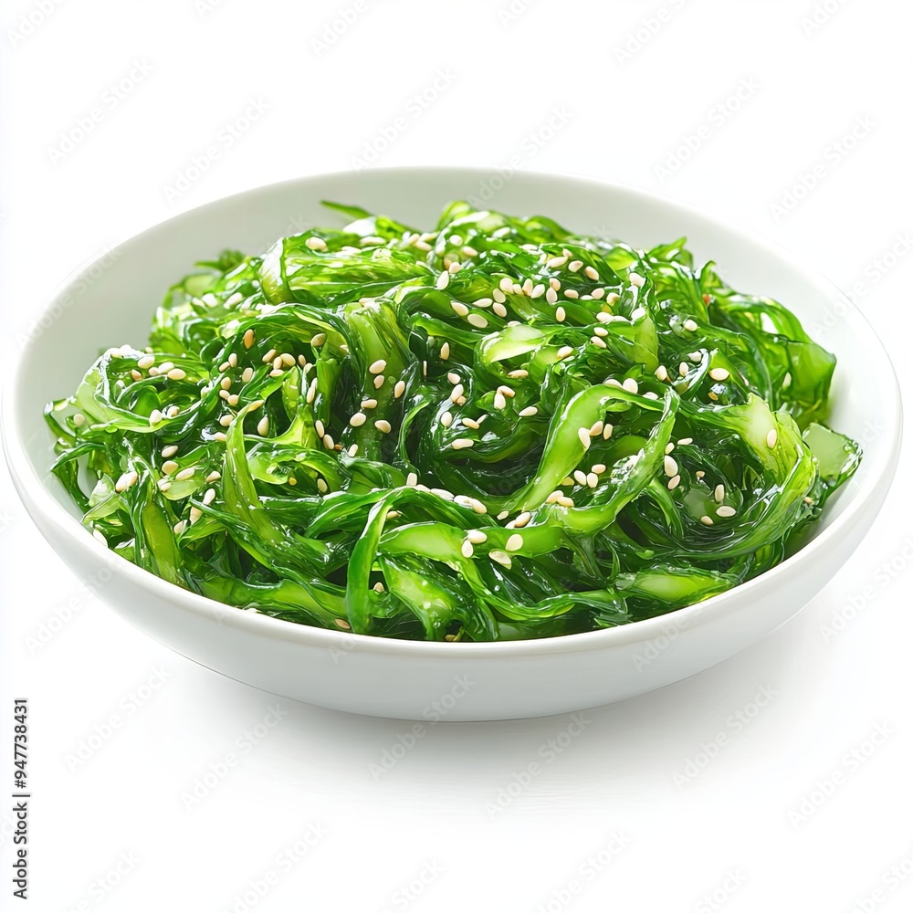 Seaweed salad with sesame seeds, delicate strands, isolated on white background, bright green tones, fresh and crisp look Seaweed salad with sesame seeds, delicate strands, isolated on white background, bright green tones, fresh and crisp look