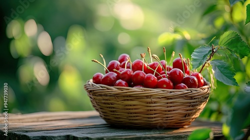 Fresh red cherries in a wooden basket, sitting on a table with a green garden backdrop.