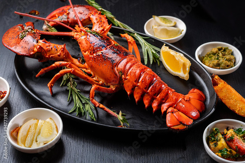 Grilled and Roasted Seafood Lobster Served on a Black Plate