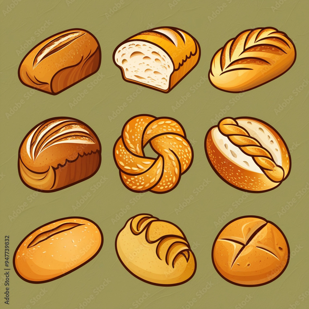 illustration featuring a collection of artisanal bread icons, each representing a different type of handcrafted bread. illustration featuring a collection of artisanal bread icons, each representing a different type of handcrafted bread.