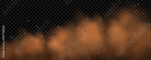 Vector background of a sand explosion with dirt and cloud smoke. Brown sandstorm splash and  dirty ground with a textured wind effect.Yellow flying particles and stone.