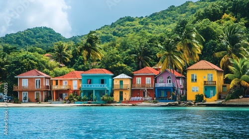 Colorful seaside town with houses of every hue, lush greenery, and sparkling water