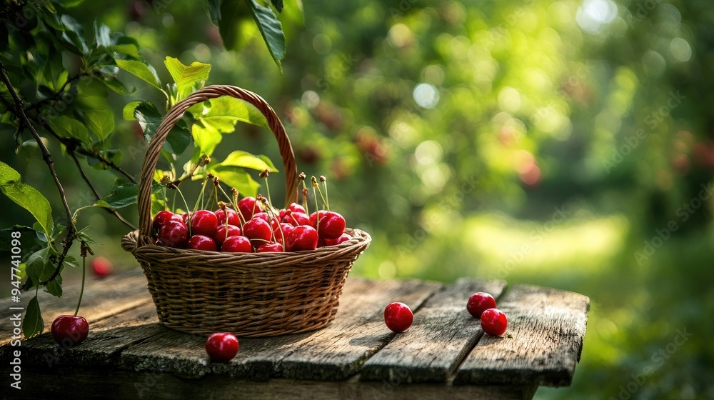 Freshly picked red cherries in a rustic basket on a wooden table, surrounded by a green garden. Freshly picked red cherries in a rustic basket on a wooden table, surrounded by a green garden.