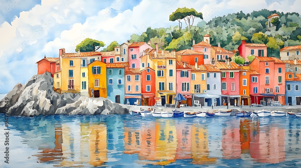 Obraz premium Vibrant seaside village, rainbow homes reflecting on the water, dynamic street markets, bright and bold colors, watercolor with oil painting accents