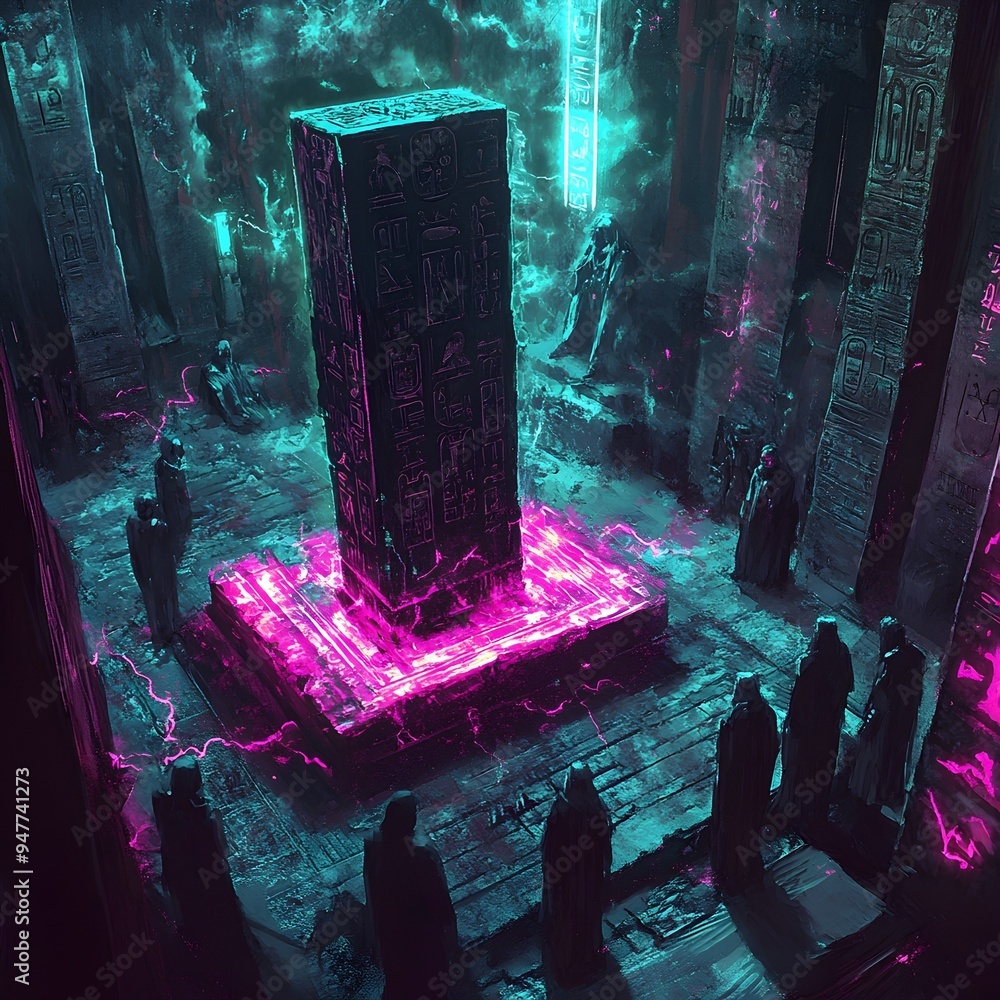 Cursed Glowing Amulet Levitating Above a Dark Altar with Shadowy Figures Around Sci Fi Digital Cursed Glowing Amulet Levitating Above a Dark Altar with Shadowy Figures Around Sci Fi Digital