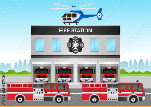 Fire Station with Fire Truck and Helicopter. Fire Department Building. Vector Illustration. 