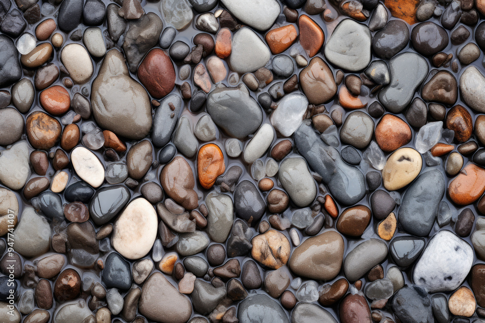 Processed collage of wet pebble stones on asphalt texture. Background for banner, backdrop Processed collage of wet pebble stones on asphalt texture. Background for banner, backdrop