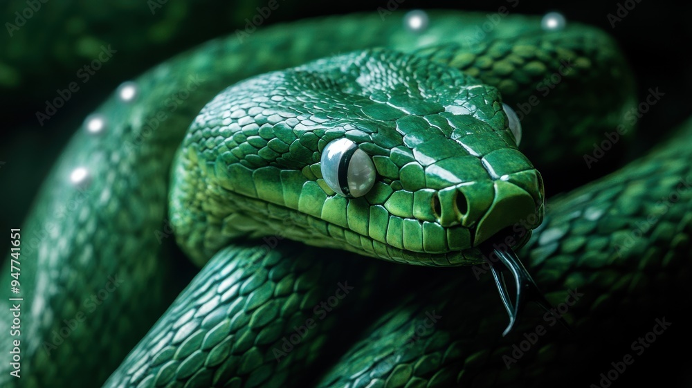 Green wooden snake with intricate design and pearlescent eyes, capturing attention. Green wooden snake with intricate design and pearlescent eyes, capturing attention.