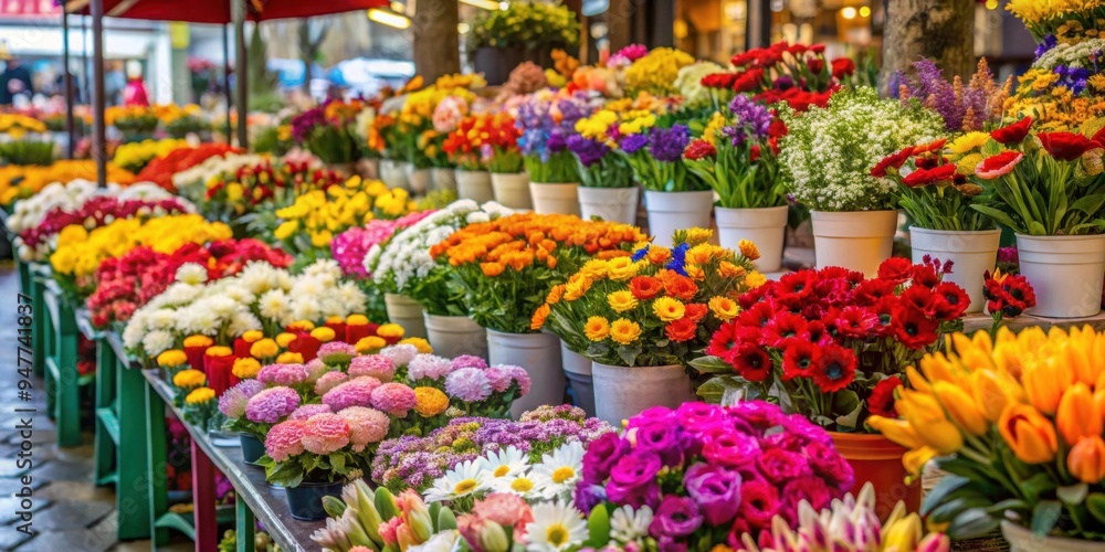 Fototapeta premium Vibrant colorful flowers on display at a bustling market , vibrant, colorful, flowers, market, display, spring, bloom, petals