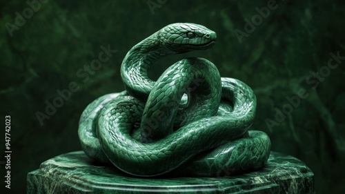 Green wooden snake wrapped around jade, intricate carving design. photo