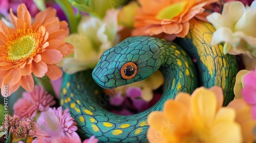 Green wooden snake coiled a...