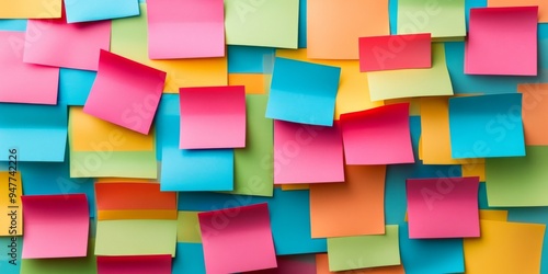 An artistic and colorful collection of sticky notes, arranged on a bright and vibrant background