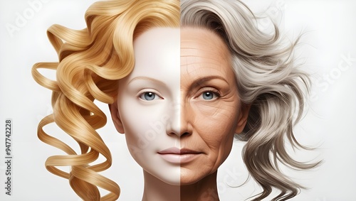 A stunning, high-contrast illustration on a crisp white background, seamlessly merging two photographs to depict the duality of aging, where the left side showcases a youthful, radiant face with porce photo