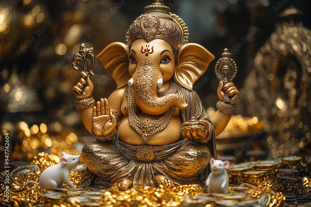 Fototapeta premium Lord Ganesha the God of Wealth, with golden treasure and a pile of money and two mouse, luxury elements