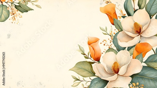 White magnolia blossoms and orange calla lilies with green leaves on a white background. Template for quotes, and greetings cards.