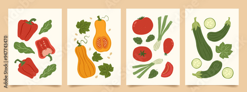 Set of abstract art poster in vegetables. Modern print with hand drawn red peppers or paprika, pumpkin, tomato, zucchini or vegetable marrow. Vector trendy illustration for card, brochure, cover.