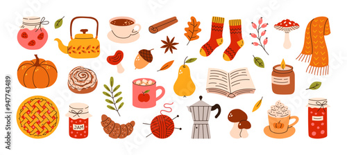 Autumn hand drawn sticker set. Cozy hygge fall icons. Scarf, candle, hot chocolate, socks, pie, pumpkin spice latte, mug, jam, leaves, mushroom. Cute autumn doodle. Vector flat illustration.