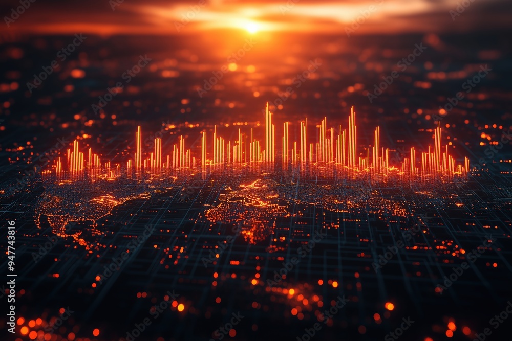 Fototapeta premium Intricate analysis of global economic trends with detailed market data, stock price fluctuations, and investment insights, set against a background of financial charts and a global network map, No