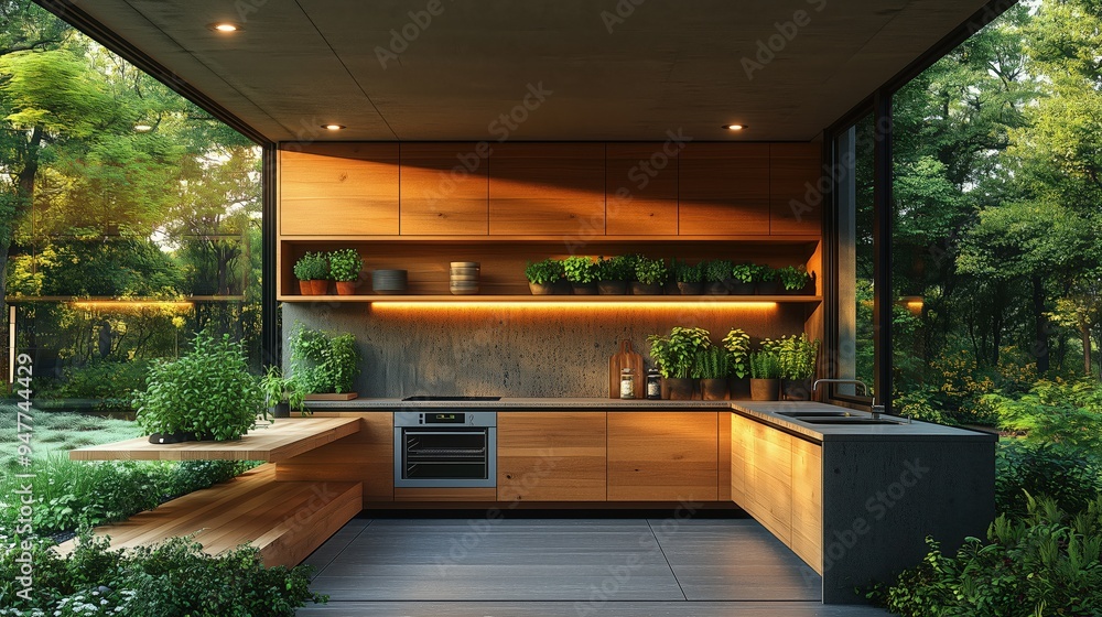 Open-concept eco-friendly kitchen with reclaimed wood cabinets, energy-efficient appliances, marble countertops, indoor herb garden, sleek modern design, warm earth tones, photorealistic style, No Open-concept eco-friendly kitchen with reclaimed wood cabinets, energy-efficient appliances, marble countertops, indoor herb garden, sleek modern design, warm earth tones, photorealistic style, No