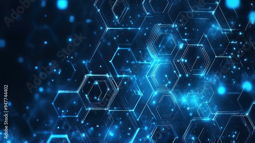 Futuristic technology background with overlapping hexagonal patterns, vibrant blue hues, and digital circuits, emphasizing innovation and connectivity