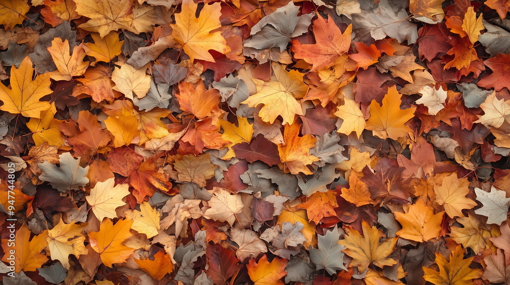 Close-up of autumn forest floor with red, yellow and brown maple leaves and fallen leaves. Autumn season background, Scenery. Top veiw. Close-up of autumn forest floor with red, yellow and brown maple leaves and fallen leaves. Autumn season background, Scenery. Top veiw.