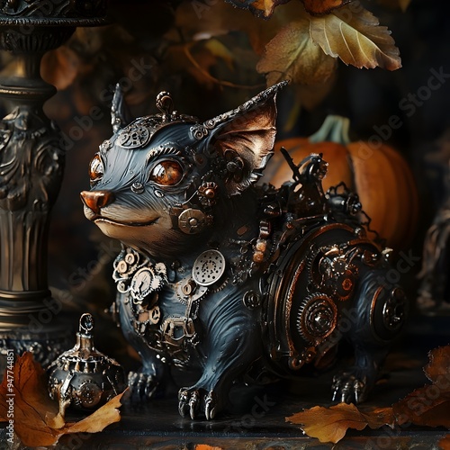 Antique Steampunk Inspired Halloween Menagerie of Fantastical Hybrid Beasts with Cogs and photo