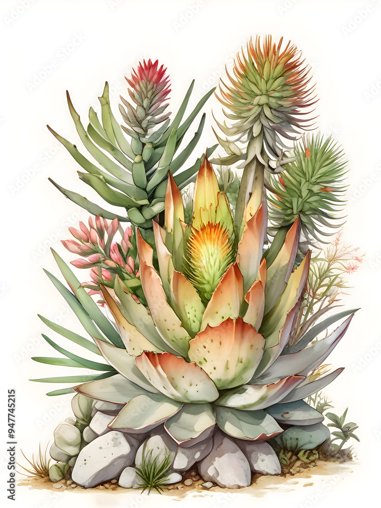 Obraz premium Fynbos Aloe Watercolor Flower Plant Nature Art