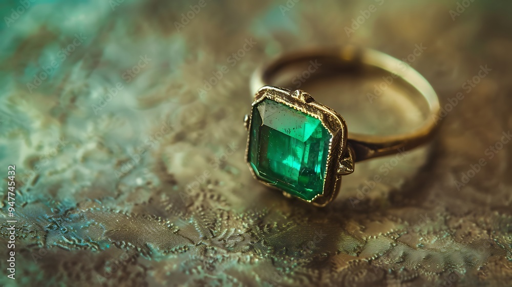 An oddly shaped emerald ring against a gentle vintage background An oddly shaped emerald ring against a gentle vintage background