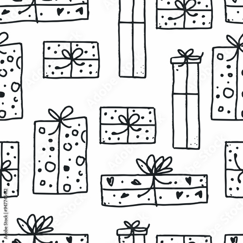 Happy new year. Seamless pattern of cute outline gifts. Template for Notebook covers, pattern for wallpapers, textile, wrapping paper etc. Doodle vector illustration. Childish naive art style.