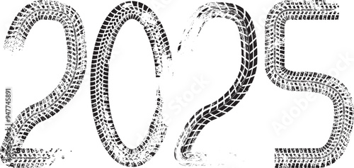 Tire Tracks . New year 2025 Car tread silhouette.