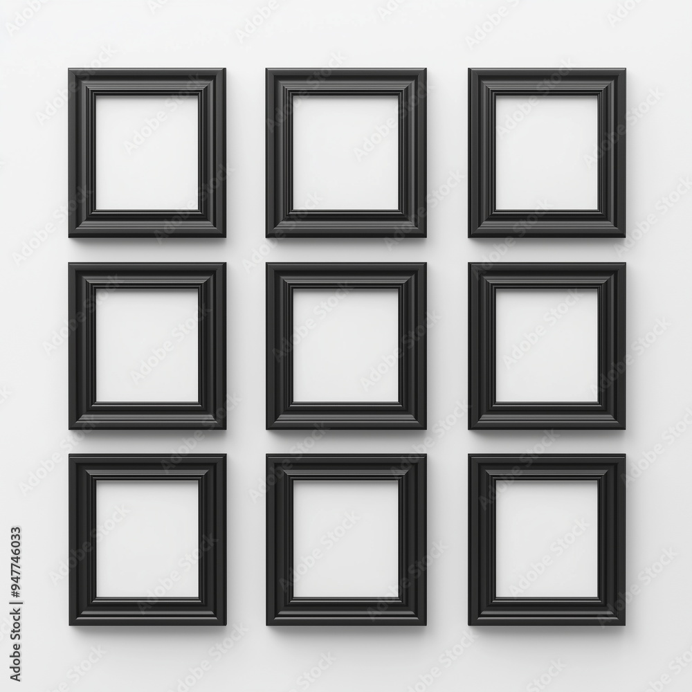 Nine black empty frames of the same size and design are hung at regular intervals on a white wall. A simple and modern interior design concept. Nine black empty frames of the same size and design are hung at regular intervals on a white wall. A simple and modern interior design concept.