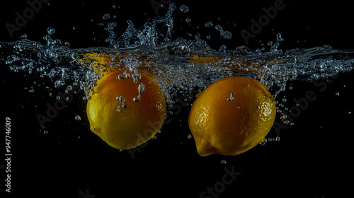 depicting two lemons and an orange being dropped into the water photo