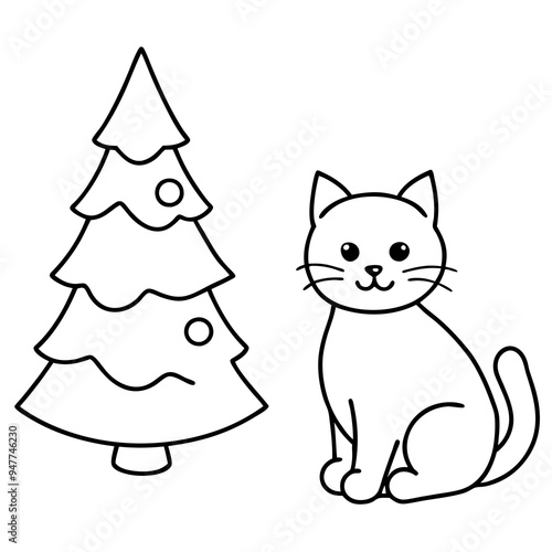 A cute Christmas cat and Christmas tree on white background 