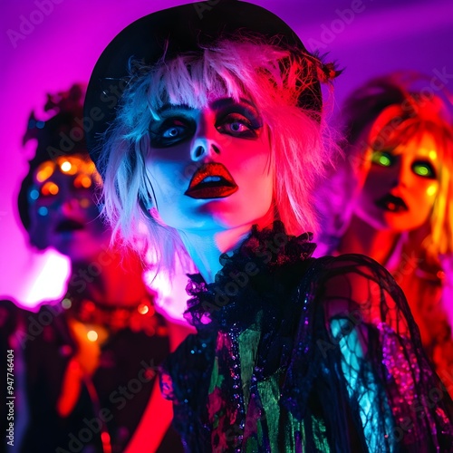 Visually Striking Pop Rock Band Performing on Neon Lit Halloween Themed Stage photo