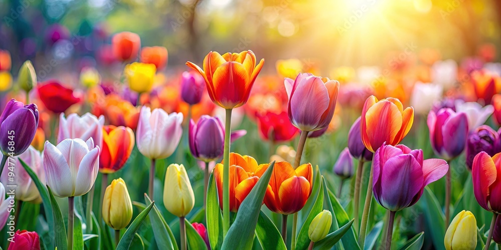 Vibrant tulips blooming in a seamless spring garden background Vibrant tulips blooming in a seamless spring garden background