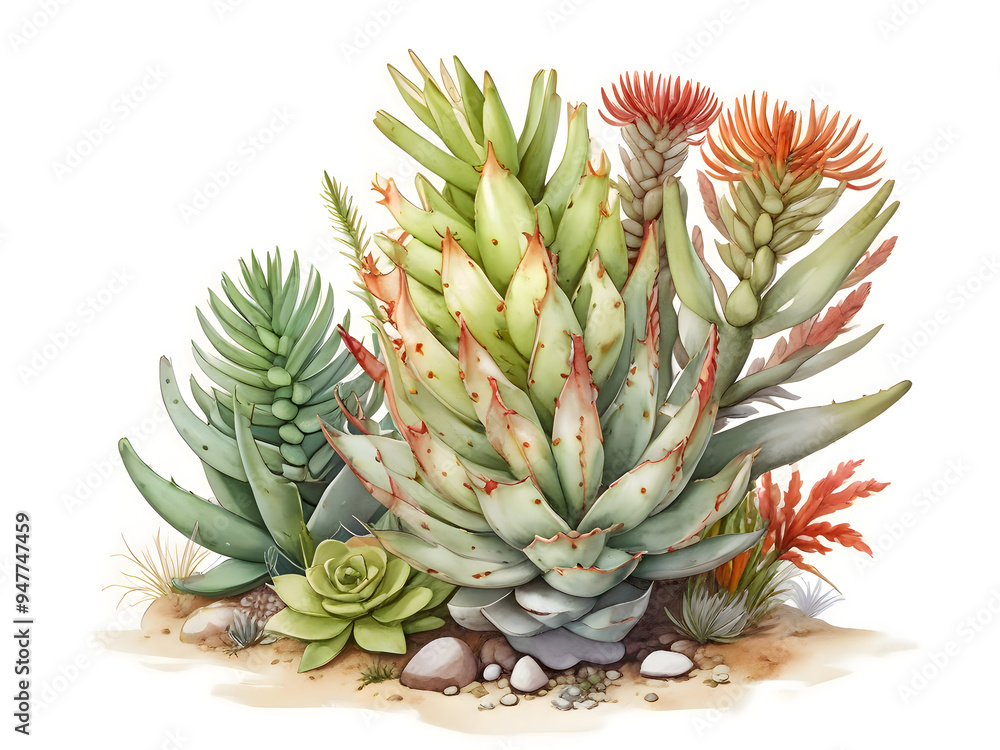 Obraz premium Fynbos Aloe Watercolor Flower Plant Nature Art 