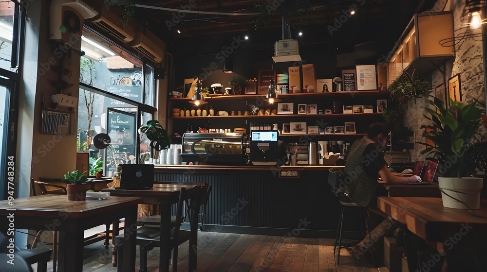 Cozy Cafe Interior with Rustic Wooden Furniture and Warm Lighting Cozy Cafe Interior with Rustic Wooden Furniture and Warm Lighting