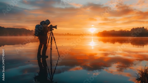 Photographer Capturing a Breathtaking Sunset over a Serene Lake