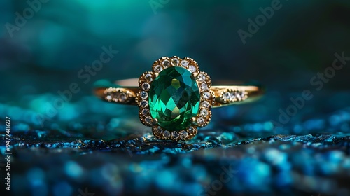 An strangely aligned emerald ring on a gentle indigo backdrop photo