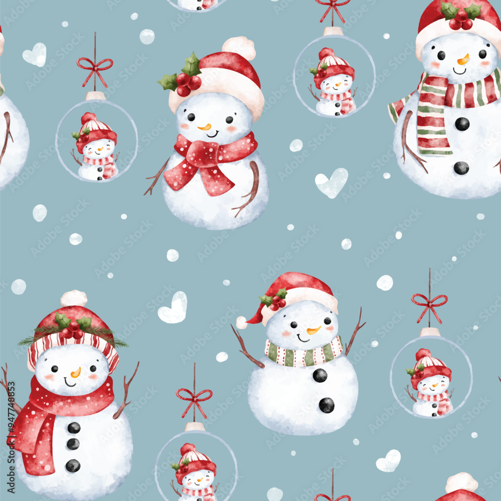 Watercolor Illustration Snowman Seamless Pattern Watercolor Illustration Snowman Seamless Pattern