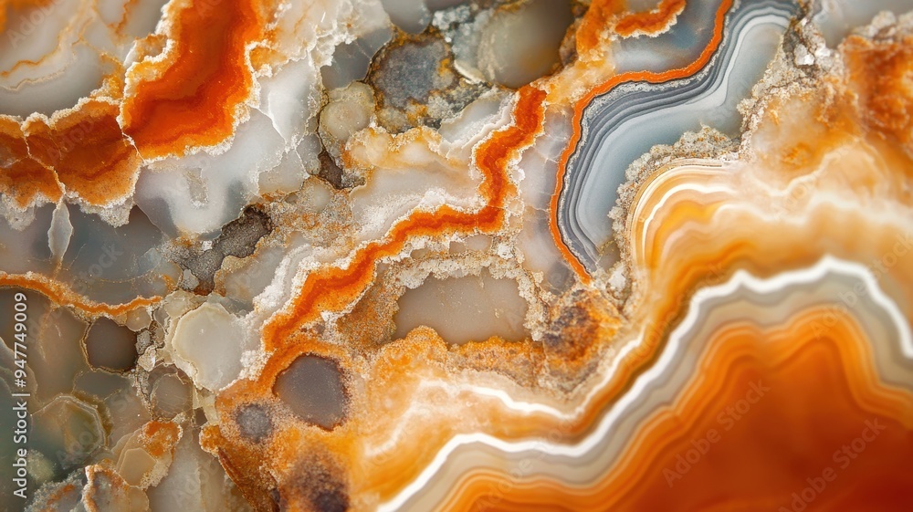 Macro shot of polished jasper showcasing earthy orange, brown, and white layers. Macro shot of polished jasper showcasing earthy orange, brown, and white layers.