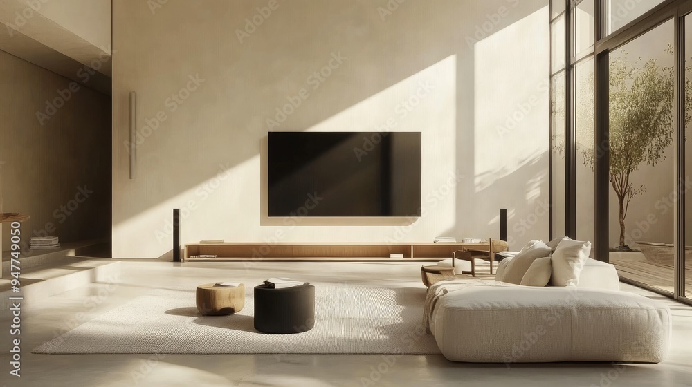 Minimalist design living room with a large TV, simple furnishings, and a light, airy atmosphere, emphasizing a clean and modern aesthetic. Minimalist design living room with a large TV, simple furnishings, and a light, airy atmosphere, emphasizing a clean and modern aesthetic.
