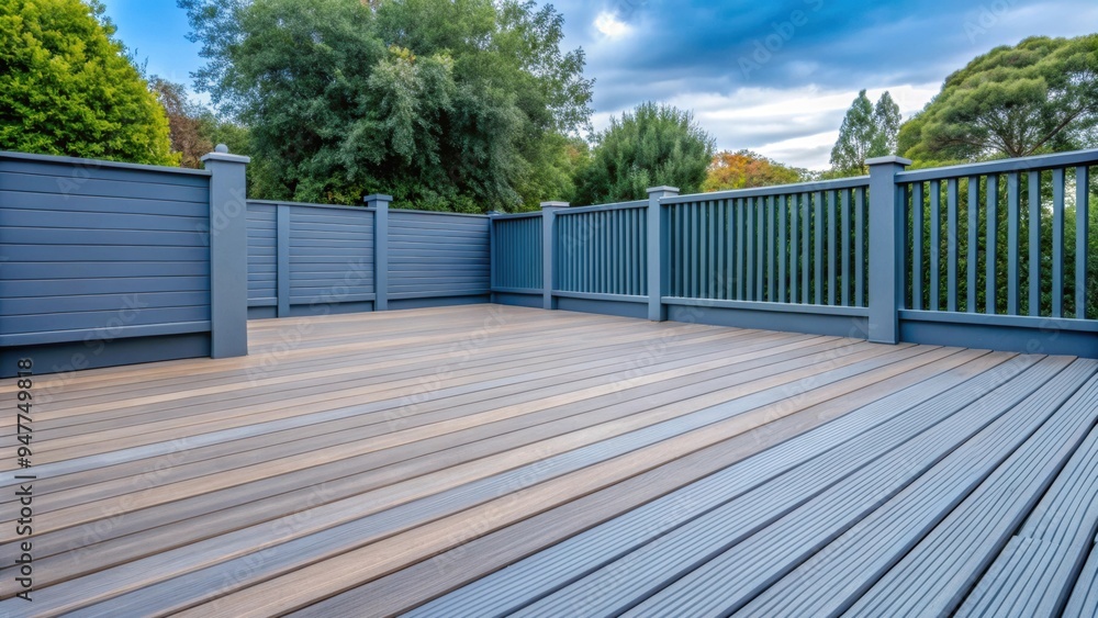 Newly constructed composite decking and fencing in ash blue gray , composite, decking, fencing, ash, blue, gray Newly constructed composite decking and fencing in ash blue gray , composite, decking, fencing, ash, blue, gray