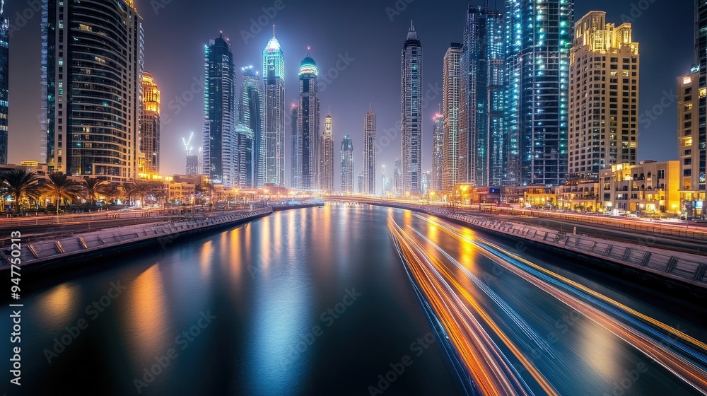 Marina Light Trails: A beautiful long exposure shot of Dubai Marina at night, showcasing the light trails and reflections on the water from the towering buildings. Marina Light Trails: A beautiful long exposure shot of Dubai Marina at night, showcasing the light trails and reflections on the water from the towering buildings.