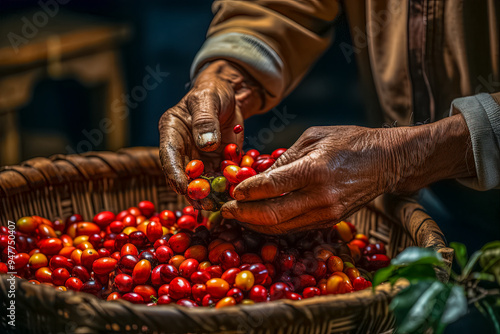 Hände eines Erntehelfers mit frisch geernteten ungeschälten Kaffeebohnen, Kaffeepflanze (Coffea), Generative AI photo