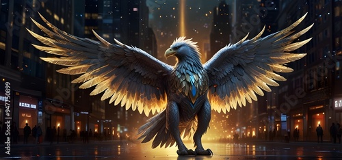 Luminous Griffin Soaring, Metallic Silver and Gold Trails
