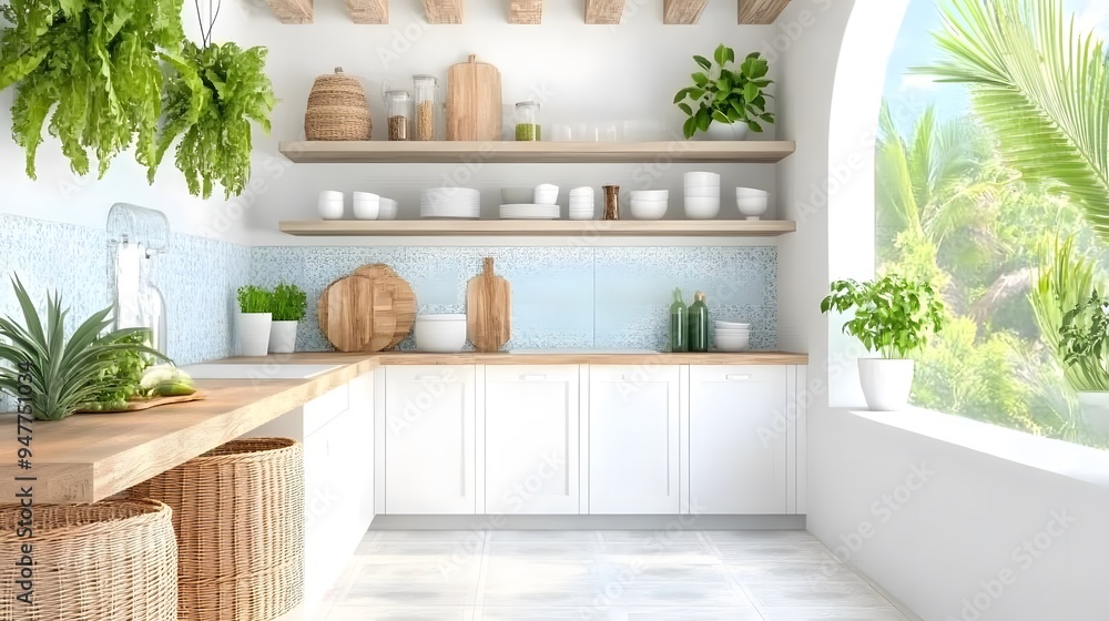 A boho-inspired kitchen with Mediterranean-style tiles, open shelving, and wicker storage baskets. Minimalist Art Media realistic A boho-inspired kitchen with Mediterranean-style tiles, open shelving, and wicker storage baskets. Minimalist Art Media realistic