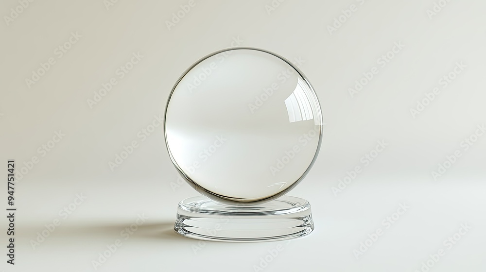 Minimalist 3D illustration of a clear glass sphere and circular base, isolated on a white background with copy space. Minimalist 3D illustration of a clear glass sphere and circular base, isolated on a white background with copy space.