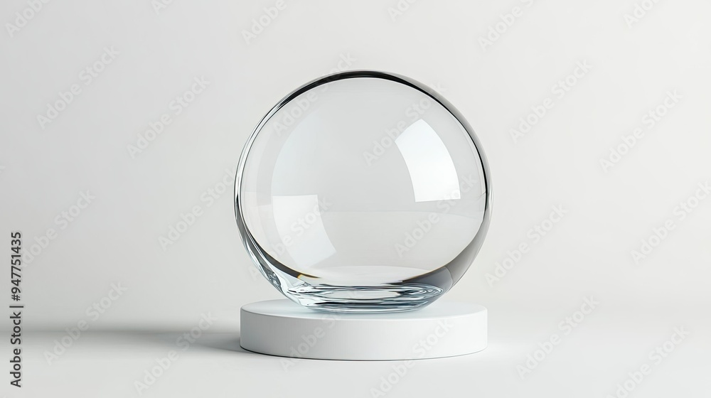 Minimalist 3D illustration of a clear glass sphere and circular base, isolated on a white background with copy space. Minimalist 3D illustration of a clear glass sphere and circular base, isolated on a white background with copy space.