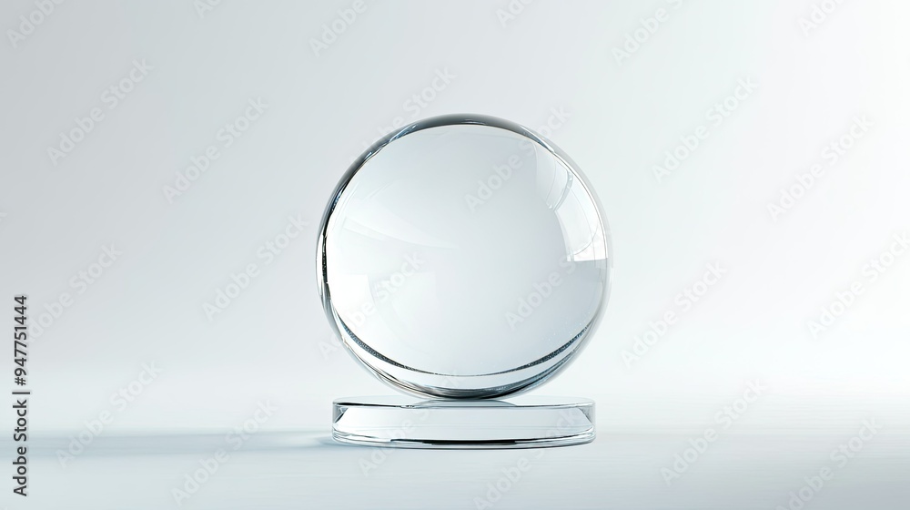 Minimalist 3D illustration of a clear glass sphere and circular base, isolated on a white background with copy space. Minimalist 3D illustration of a clear glass sphere and circular base, isolated on a white background with copy space.